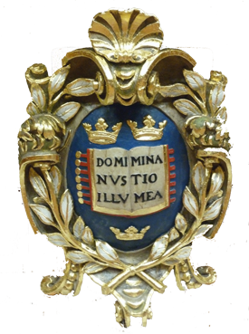 Gilded crest of the University of Oxford in the Sheldonian Theatre